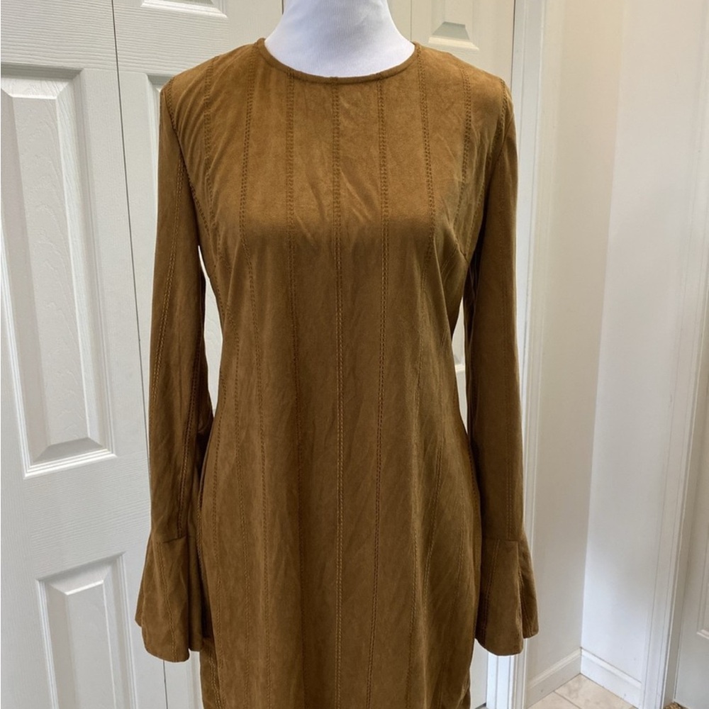 DO+BE Brown Ribbed Sheath Midi Dress with Bell Sleeves
